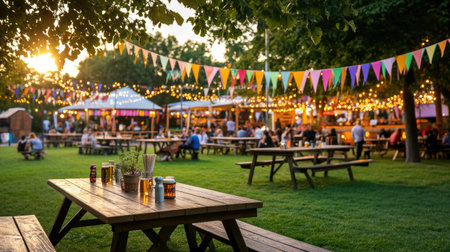 A vibrant outdoor festival scene showcasing colorful banners and twinkling lights at dusk. People gather around picnic tables enjoying food and drinks.の素材
