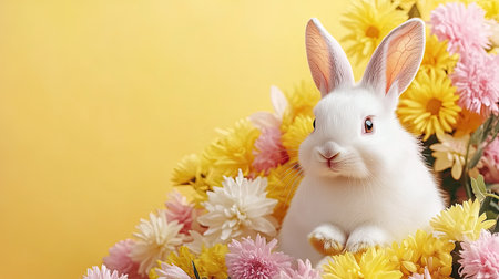 A charming white rabbit sits amidst a vibrant array of colorful flowers, capturing the essence of spring. This delightful scene exudes joy and innocence, perfect for seasonal themes.の素材