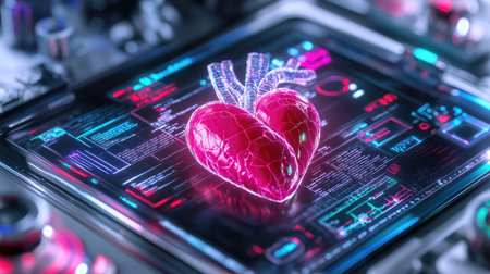 This vibrant image showcases a futuristic heart model illuminated with neon lights, integrated into a high-tech data display. Perfect for medical and tech projects.の素材
