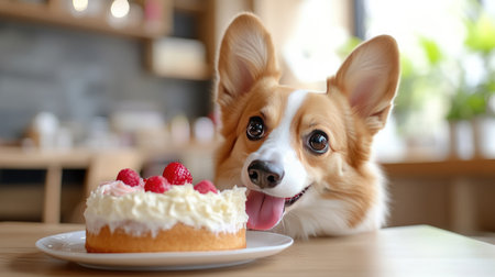 A happy corgi dog excitedly gazes at a delicious raspberry cake placed on a table. The bright indoor atmosphere enhances the joyful moment, capturing the bond between pet and dessert.の素材