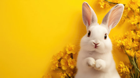 A charming white rabbit poses amid vibrant yellow flowers, showcasing the beauty of spring. Ideal for representing innocence, joy, and nature themes.の素材