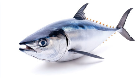 A stunning and fresh bluefin tuna showcases its sleek silver skin and sharp fins. Perfect for culinary dishes and seafood recipes in any kitchen setting.の素材
