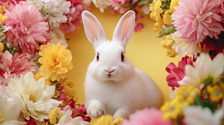 A cute white rabbit is nestled among a vibrant array of spring flowers. This charming scene captures the essence of joy and nature in a bright, cheerful setting.の素材