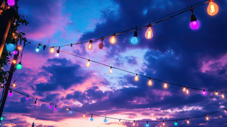 A stunning display of colorful decorative lights hang in the sky during sunset, creating a warm ambiance. The vibrant colors contrast beautifully with the clouds.の素材