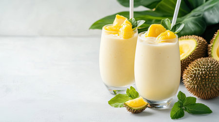 Indulge in a vibrant tropical smoothie made with fresh mango and durian, garnished with mint leaves. This creamy beverage is perfect for a refreshing treat.の素材
