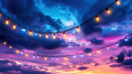 Captivating evening sky featuring vibrant clouds and string lights. The stunning sunset colors create a warm and inviting atmosphere perfect for gatherings.の素材