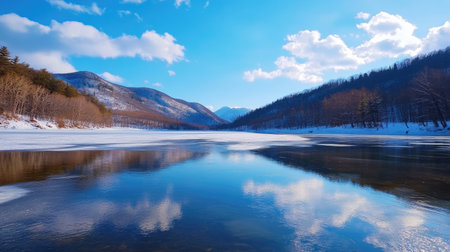 A breathtaking winter landscape showcasing calm water reflecting scenic mountains and skies. This picturesque view captures nature's tranquility and beauty.の素材