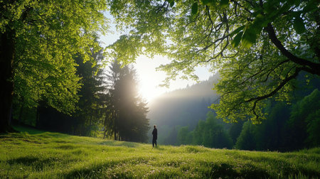 A tranquil forest scene at dawn with soft sunlight filtering through green trees, creating a serene atmosphere. Ideal for nature and adventure themes.の素材