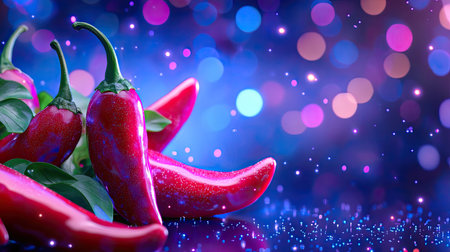 A stunning close-up of vibrant red peppers set against a beautiful bokeh background. The glossy texture of the peppers contrasts elegantly with the colorful lights, making it perfect for culinary-themed projects.の素材