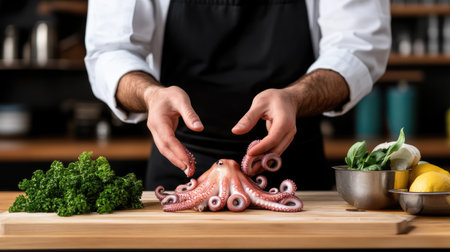A chef skillfully prepares a fresh octopus in a modern kitchen, surrounded by greens, herbs, and citrus, highlighting culinary craftsmanship and presentation.の素材