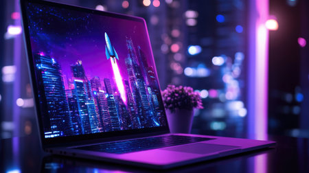 A vibrant laptop showcases a rocket launching over a futuristic cityscape at night. The dynamic colors create a sense of innovation and imagination.の素材