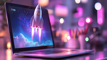 A captivating image of a rocket launching from a laptop screen, surrounded by vibrant colors, symbolizes innovation and creativity in the digital age.の素材