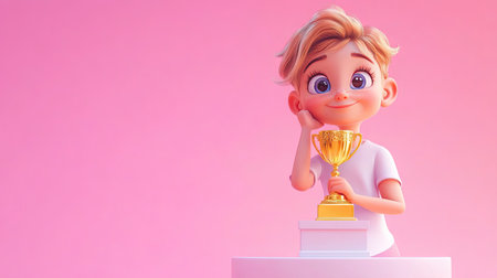 A cheerful cartoon child poses with a trophy on a pink background, symbolizing joy and celebration. This vibrant illustration captures the essence of achievement and happiness.の素材