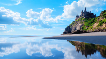 A stunning coastal landscape featuring a majestic castle atop a verdant hill, surrounded by calm waters reflecting the blue sky and fluffy clouds, evoking serenity.の素材