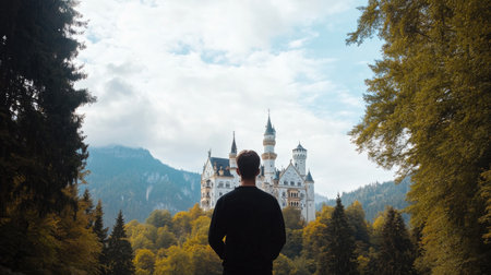 A person stands in awe before the stunning Neuschwanstein Castle, surrounded by lush forests and majestic mountains, capturing the essence of wanderlust and adventure.の素材