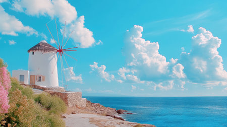 A stunning view of a white windmill set against a vibrant blue sky and crystal-clear ocean. This coastal landscape captures the essence of tranquil summer days by the sea.の素材