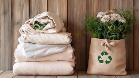 A serene display of soft linens stacked beside a recycled bag filled with greenery. Perfect for eco-friendly and sustainable home decor concepts and lifestyle.の素材