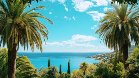 Discover a stunning coastal landscape showcasing vibrant palm trees against the serene blue ocean and clear sky, inviting relaxation and adventure.の素材