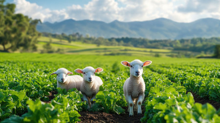 Three playful lambs wander through a vibrant green field surrounded by picturesque mountains under a bright blue sky, embodying rural tranquility.の素材