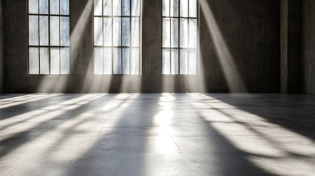 An empty industrial space showcases dramatic beams of sunlight streaming through large windows, creating serene shadows and a tranquil atmosphere perfect for minimalist design.の素材