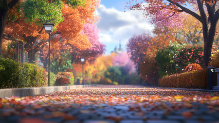 Explore a captivating autumn pathway lined with trees showcasing vibrant fall foliage. This tranquil scene invites a sense of peace and natural beauty.の素材