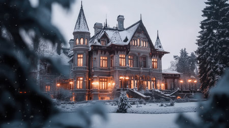A captivating Victorian mansion surrounded by a dreamy winter landscape. Snow blankets the ground while warm lights glow from elegant windows, creating a serene and enchanting atmosphere.の素材
