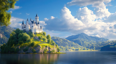 A breathtaking view of a majestic castle perched on a lush hill, surrounded by a serene lake and beautiful mountains under a vibrant sky.の素材
