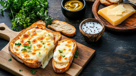 Indulge in a warm slice of cheese toast topped with fresh herbs and accompanied by savory condiments. Perfect for snacks or casual meals.の素材