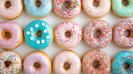 A delightful arrangement of colorful frosted donuts showcasing vibrant icing and playful sprinkles on a clean white background. Perfect for dessert lovers.の素材