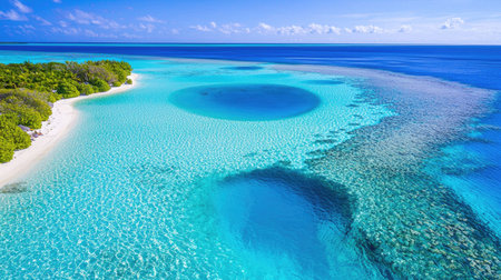 Experience a breathtaking aerial view of a tropical paradise featuring serene turquoise water, pristine sandy beach, and vibrant coral reefs under clear skies.の素材