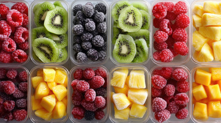 An eye-catching display of fresh fruits including raspberries, kiwis, blackberries, and pineapples in transparent containers, perfect for healthy meals or snacks.の素材