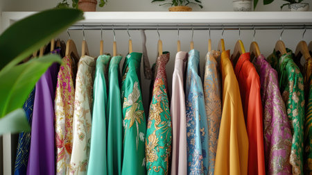 A vibrant display of colorful traditional jackets on wooden hangers in a stylish closet, surrounded by lush greenery, showcasing beautiful textiles and patterns.の素材