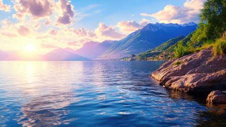 A breathtaking view of a serene lake at sunset, with majestic mountains in the background. The vibrant colors of the sky and gentle waves create a tranquil atmosphere.の素材