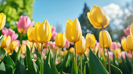 A picturesque scene of vibrant yellow and pink tulips blooming in a lush spring garden, showcasing nature's beauty and colorful flora under bright daylight.の素材