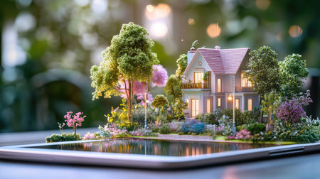 A captivating scene of a miniature house model displayed on a tablet, surrounded by vibrant greenery and flowers. Perfect for showcasing creativity and technology.の素材