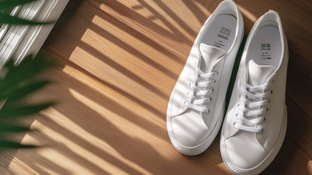 A pair of stylish white sneakers resting on a wooden floor, surrounded by gentle shadows. The modern design emphasizes simplicity and comfort, ideal for urban lifestyles.の素材