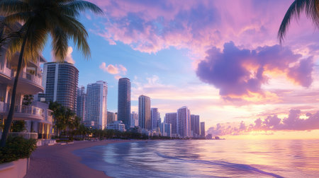 A stunning view of a city skyline during sunset, showcasing palm trees and a tranquil beach with gentle waves lapping at the shore.の素材