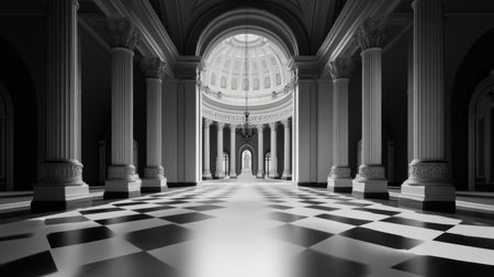 A stunning view of a grand entrance hall featuring majestic columns and a striking checkerboard floor, bathed in soft light and rich shadows, creating an elegant atmosphere.の素材