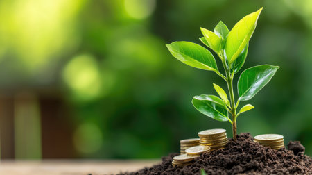 A young green plant grows from rich soil with coins around it, representing growth and investment in finance. A vibrant image of potential and prosperity.の素材