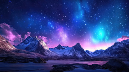 A breathtaking view of the aurora borealis illuminating a starry night sky over majestic snowy mountains, mirrored by a calm, tranquil lake, perfect for nature lovers.の素材
