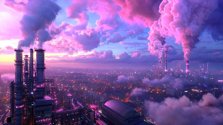 This breathtaking image captures a vibrant industrial cityscape during sunset. Colorful clouds mix with emissions, creating a dramatic atmosphere.の素材