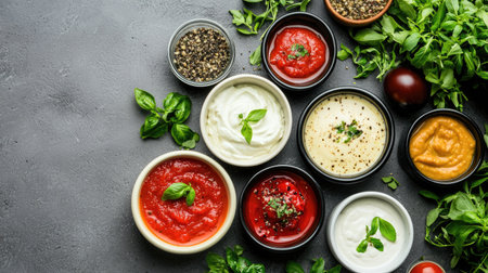 A beautiful arrangement of various dipping sauces and spices on a dark tabletop, featuring vibrant colors and fresh ingredients, perfect for culinary creativity.の素材