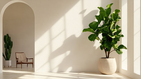 A modern interior scene showcasing a vibrant green plant casting shadows on a clean, white wall, complemented by elegant furniture and natural light.の素材
