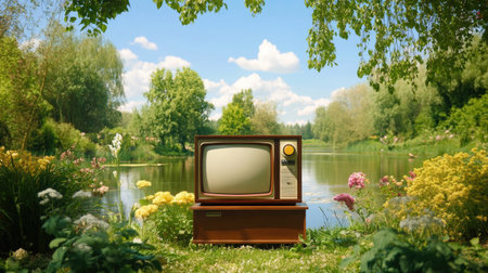 A vintage television sits peacefully by a calm lake, surrounded by vibrant flowers and greenery, creating a nostalgic and serene nature scene perfect for relaxation.の素材