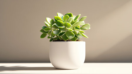 This captivating image features a lush green succulent plant in a minimalist white pot, illuminated by soft natural light, perfect for home decor inspiration.の素材