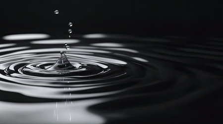 A stunning image of a water droplet creating ripples on a calm and dark surface, showcasing the elegance and beauty of liquid motion in a serene environment.の素材