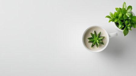 A serene arrangement featuring a green plant in a white pot set against a minimalist background, perfect for home decor and nature-inspired themes.の素材