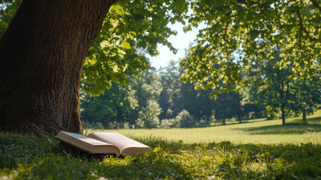 A serene reading scene featuring an open book resting on the grass under a leafy tree. This tranquil setting invites relaxation and contemplation in nature.の素材