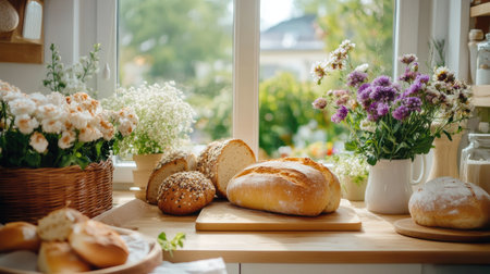 A charming kitchen scene featuring freshly baked bread with assorted flowers basking in sunlight, creating an inviting and warm atmosphere perfect for home baking enthusiasts.の素材
