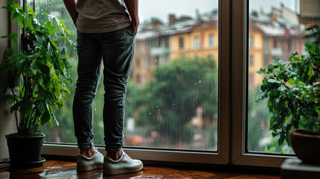 A man stands by a window observing the rain, surrounded by plants. The scene captures a serene moment, blending indoor comfort with outdoor beauty.の素材